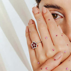 18K Gold Ruby Cherry Blossom Cluster Ring Resizable Cushion Cut Wedding Band - Product Image 3