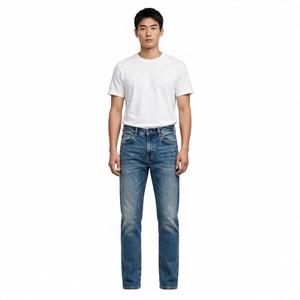 Jeans en denim délavé pour homme, coupe droite, taille mi-haute, en coton élasthanne, décontracté, respirant, séchage rapide, écologique, personnalisable - Product Image 5
