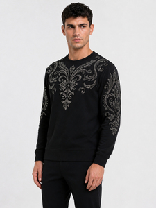 Sweat-shirt à col rond pour homme, brodé de strass, coupe classique, motif cachemire, noir, pull tricoté décontracté, sweat-shirt à strass - Product Image 2