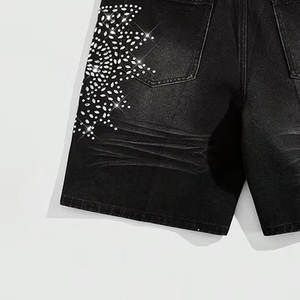 Shorts en jean délavé noir pour homme, coupe oversize et ample, en coton, taille élastique, style streetwear décontracté – Meilleures ventes - Product Image 3