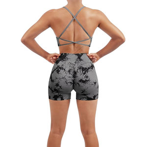 Conjunto de Yoga de Cintura Alta de 2 Piezas, Top Corto y Pantalones Cortos, Spandex/Nylon Sólido de Secado Rápido, Cintura Elástica, Cuello Cuadrado, Tirantes Halter - Product Image 5
