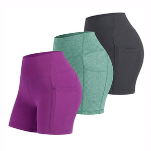 Shorts de compression taille haute pour femmes, couleur unie, pour yoga et entraînement, avec poches, en Spandex et Polyester, extensibles dans les quatre sens - Product Image 2