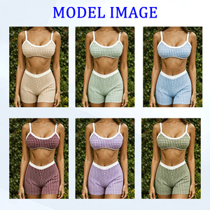 <b>Checkered</b> Two Piece Set Spaghetti Strap Crop <b>Top</b> High Waist Shorts Breathable Cotton Spandex Women's Yoga Outfit - Product Image 4