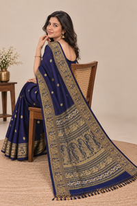 LoomIndia Navy Blue Pure Cotton Traditional Baluchari <b>Saree</b> with Recycled Materials <b>for</b> <b>Women</b> <b>for</b> Wedding Occasions - Product Image 3