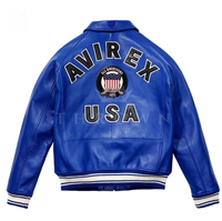 Blouson aviateur en cuir PU rouge pour homme Avirex avec patch brodé, col rabattu, fermeture éclair, style décontracté