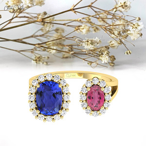ซัพพลายเออร์ดรอปชิปปิ้ง แหวนทองคำแท้ 14K ประดับแทนซาไนต์ธรรมชาติ 2.24 กะรัต และทัวร์มาลีนสีชมพู พร้อมวงแหวนเพชรแบบ Halo Split - Product Image 3