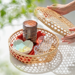 Boîte bento ronde en bambou tressée à la main, conteneur de rangement, organisateur de pâtisseries et de fruits, boîtes avec couvercle en gros - Product Image 6