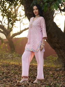 Salwar Kameez Rosa de Algodón Bordado, Ropa Tradicional Musulmana, Túnica con Bordado Floral, Pantalones Anchos para Fiesta de Noche - Product Image 4