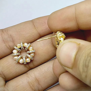 Gold Plated Pearl Floral Stud Earrings Round Flower Design Elegant Women <b>Jewelry</b> - Product Image 2