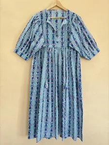 Boho Midi <b>Dress</b> with Floral Striped Hand Block Print Short Puff Sleeve <b>Loose</b> Fit Cotton Summer Casual <b>Dress</b> For Women - Product Image 1