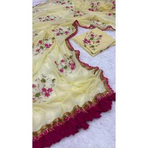 FANTAISIE GEORGETTE BRODERIE SÉQUENCE DENTELLE BORDER TRAVAIL SAREE AVEC CHEMISIER NON COUDU BLANC CASSÉ - Product Image 1