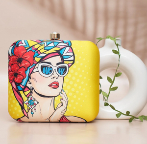 Elegante Bolso de Mano con Estampado Pop Art para Mujer, Marco Metálico, Estuche Rígido, Tela de Satén Premium con Interior de Seda Cruda, Cierre Decorativo - Product Image 1