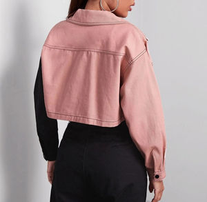 2026 New Design Two Tone Color Women's Wear <b>Denim</b> <b>Jackets</b> 100% Cotton Fabric <b>Cropped</b> Style Long Sleeve Button Up Jeans <b>Jackets</b> - Product Image 3