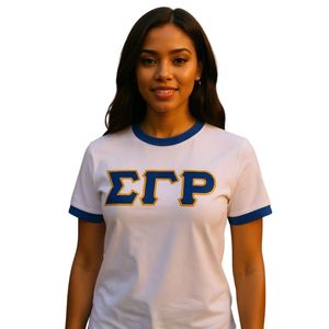 Custom Sigma Gamma Rho Lettered Ringer <b>Shirt</b> <b>White</b> <b>Women</b> Greek Sorority <b>Short</b> <b>Sleeve</b> Crew Neck Contrast Trim Casual Cotton - Product Image 2