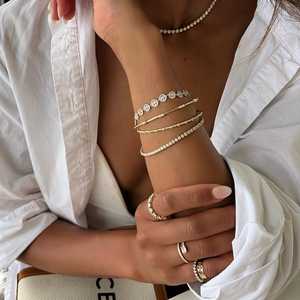 Diamond Station Flexible Bangles 14K 18K Solid Gold Round Lab Grown Push Clasp Dainty Minimalist Stacking Jewelry <b>Cuff</b> <b>Bracelets</b> - Product Image 2
