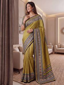Sari Tradicional Indio de Seda con Estampado Digital y Parches Multicolores para Bodas y Eventos Festivos para Mujer - Product Image 1