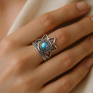 Labradorite Crown <b>Statement</b> <b>Ring</b> Handmade Silver Plated Brass Lotus <b>Ring</b> Crystal Healing Jewelry - Product Image 5