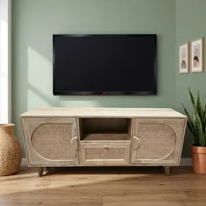 Meuble TV rustique en bois fait main avec deux portes, un tiroir et étagère ouverte, finition naturelle, console multimédia pour salon - Product Image 4