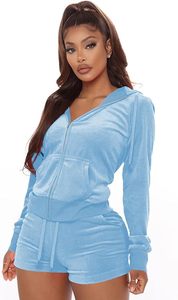 Ensemble de survêtement 2 pièces pour femme en velours, avec short et veste à capuche zippée à manches courtes, 100 % coton, style décontracté - Product Image 5