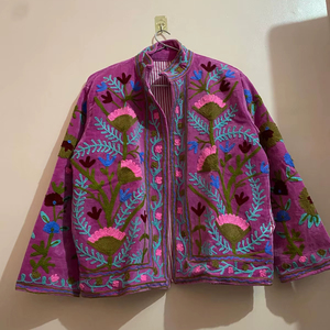 Handmade Vintage Suzani <b>Winter</b> Short Jacket Boho Floral Bomber with Pocket Windproof and Breathable Filled with Cotton - Product Image 1