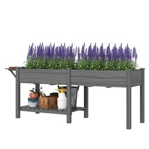 Fioriera Rialzata Grigia con Tavolino Laterale, Ripiano Inferiore e Fori di Drenaggio, in Legno, per Patio, con Rivestimenti Interni Inclusi - Product Image 1