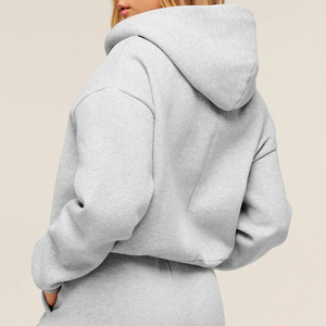 Women's Oversized Hooded <b>Zip</b>-<b>Up</b> Sweatshirt Drop Shoulder Solid Color Casual Crop Top Full Sleeve Knitted Cotton Blend AutumnWear - Product Image 4