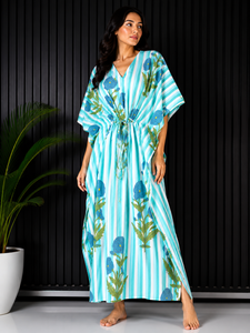 Caftán de Algodón con Estampado Floral para Mujer, Cuello en V, Manga Corta, Largo Completo, con Cordón Ajustable, Ropa de Dormir Informal de Verano - Product Image 1