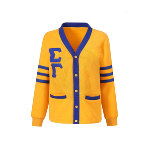 Cárdigan de punto de algodón con contraste amarillo y azul para mujer, estilo preppy, con cuello en V y manga larga, de la hermandad Sigma Gamma R. - Product Image 1