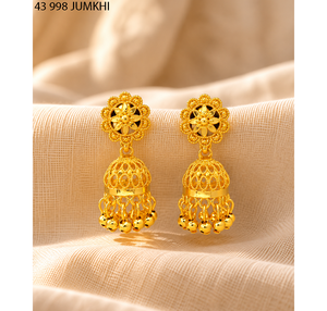Boucles d'oreilles Jhumka florales plaquées or traditionnelles indiennes en gros pour femmes, bijoux ethniques pendantes pour mariage et fête, fabricant - Product Image 2
