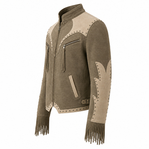 2026 Latest Design Men's <b>Fringe</b> Motorbike <b>Jacket</b> Studded Zip Up Leather Look Biker Coat Custom Logo Riding Outerwear - Product Image 3