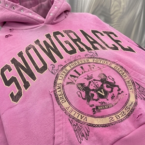 Snowgrace Oversized Crop <b>Hoodie</b> <b>Pink</b> French Terry Unisex Streetwear Print Rhinestone Back Logo Autumn Style - Product Image 6