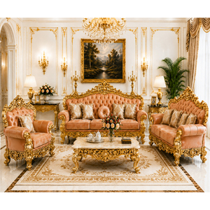 Turkish Theme Wooden Handcarved <b>Sofa</b> <b>Set</b> For Living Room Ornate Gold Leaf Carved 8 Seater Living Room Furniture At Factory Price - Product Image 1