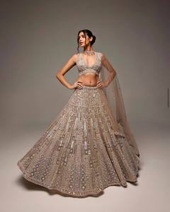 Conjunto de Lehenga Choli de malla plateada bordada con Dupatta, con trabajo de espejo geométrico, largo hasta el suelo, traje de boda para mujer - Product Image 1