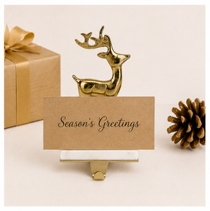 Handcrafted Luxury Golden Aluminum Reindeer <b>Stocking</b> <b>Holder</b> With Sturdy Marble Base For Festive Christmas Mantle Decoration - Product Image 2