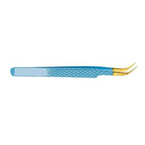 Precision Gold-Plated <b>Eyelash</b> Tweezers with Smooth Tip and Blue Textured Grip for Accurate <b>Application</b> - Product Image 6