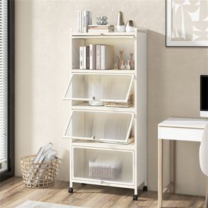 Carrello Porta Microonde a 5 Ripiani Bianco con Porte Antipolvere Ribaltabili, 4 Ruote e Freni, Scaffale per Cucina - Product Image 2