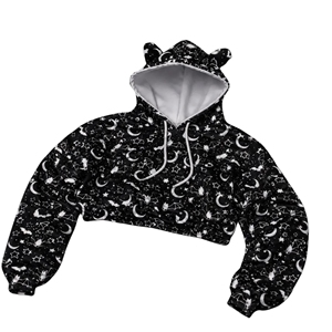 Sudadera con Capucha Negra Gótica con Orejas de Gato para Mujer, Sudadera Corta Estampada, Ropa Urbana de Halloween para las Cuatro Estaciones - Product Image 4
