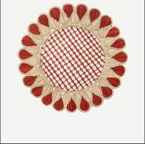 Red Round Bamboo Placemat Handmade Bohemian Style Natural Weave Red and Beige Pattern 350 Mm Diameter - Product Image 1