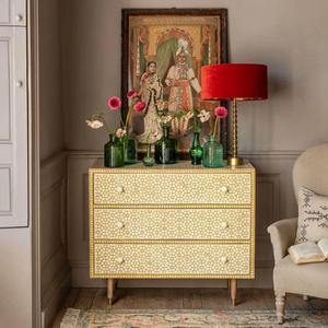Commode à 3 tiroirs de style mid-century avec motif géométrique jaune moderne, meuble de rangement pour chambre à coucher et salon - Product Image 2