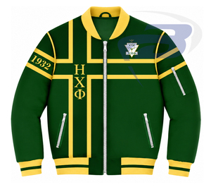 เสื้อแจ็คเก็ตวาร์ซิตี้สำหรับผู้หญิง Chi Eta Phi สีเหลือง ปักตัวอักษรกรีก ซิปด้านหน้า สไตล์ Preppy คอปกและปลายแขนเสื้อแบบ Letterman - Product Image 1