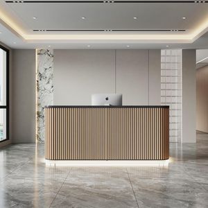 Comptoir de réception incurvé de 70,8 pouces avec grille à lattes verticales et éclairage LED intégré, comptoir moderne pour salon, clinique, salle de sport et hôtel - Product Image 4