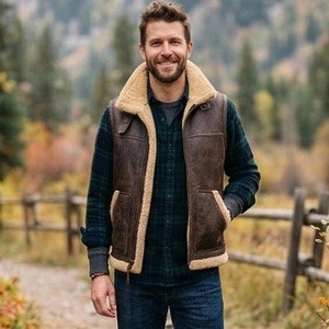 <b>Mens</b> Genuine Leather Shearling Vest Real <b>Sheepskin</b> Winter Warm Fur <b>Gilet</b> Motorcycle Biker Jacket Sleeveless Bomber Coat Outwear - Product Image 2