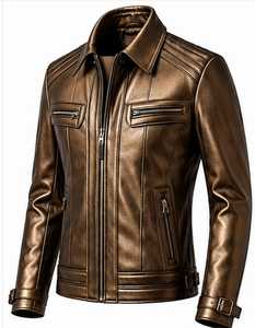 Blouson moto en cuir véritable beige pour homme, col rabattu, fermeture éclair, coupe ajustée, manches classiques, couleur unie, automne - Product Image 4