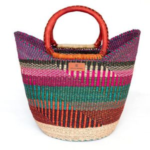Multi Colored Seagrass Handbags <b>Red</b> Leather Handle Woven Straw Tote <b>Bag</b> Fashion Women Summer Beach Purse OEM ODM - Product Image 2