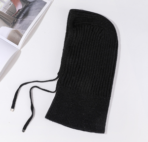 Black Ribbed Knit Balaclava Drawstring Hooded Scarf Beanie Windproof Winter Headwear for Outdoor Travel - Product Image 1