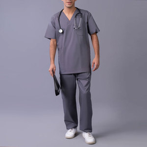 Men Gray V-Neck Short Sleeve <b>Scrub</b> <b>Top</b> With Pocket Cotton Polyester Woven Hospital Uniform Set Pants Included - Product Image 1