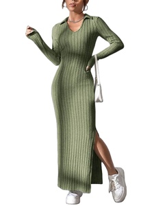 Printemps et été 2025 nouveau Style tricoté mince revers à manches longues robe Pit Strip couleur unie jupe serrée - Product Image 3