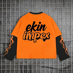 2025 New Trending Y2K Streetwear Oversized Boxy Fit Two Piece Long Sleeve T <b>Shirt</b> Custom Logo <b>Flame</b> Print Orange Black Unisex - Product Image 2