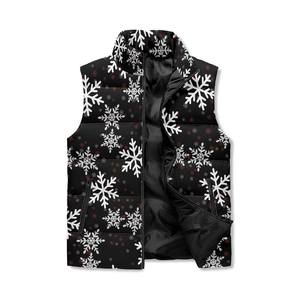 Chaleco acolchado negro para hombre con estampado de copos de nieve, informal de invierno, con cremallera frontal, cuello alto y relleno grueso de poliéster. - Product Image 1