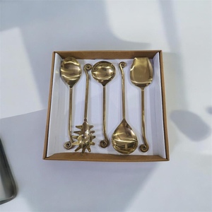 Gold Plated Serving Spoon Set <b>Mirror</b> Finish Long Handle Vintage Design Metal Utensils Gift Boxed - Product Image 1